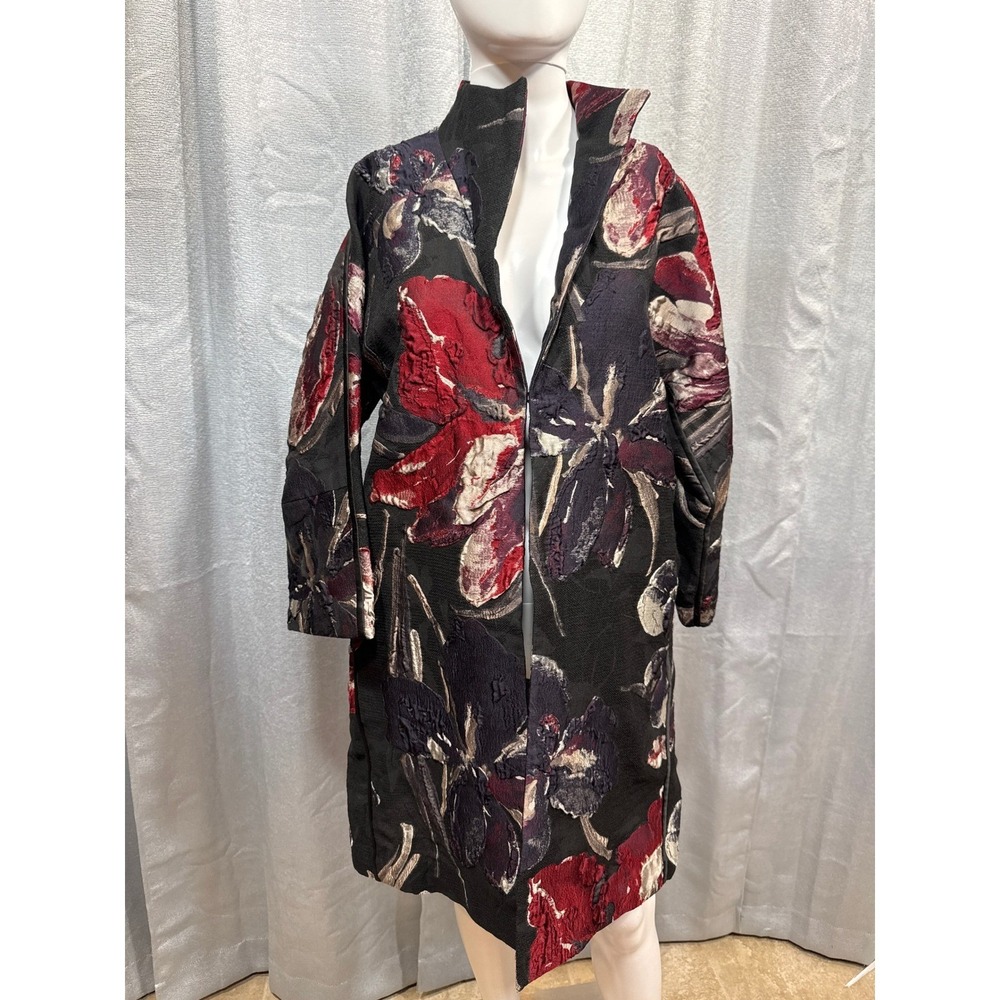 Lafayette 148 New York Floral Jacquard Duster Coat Black Red Purple‎ Small